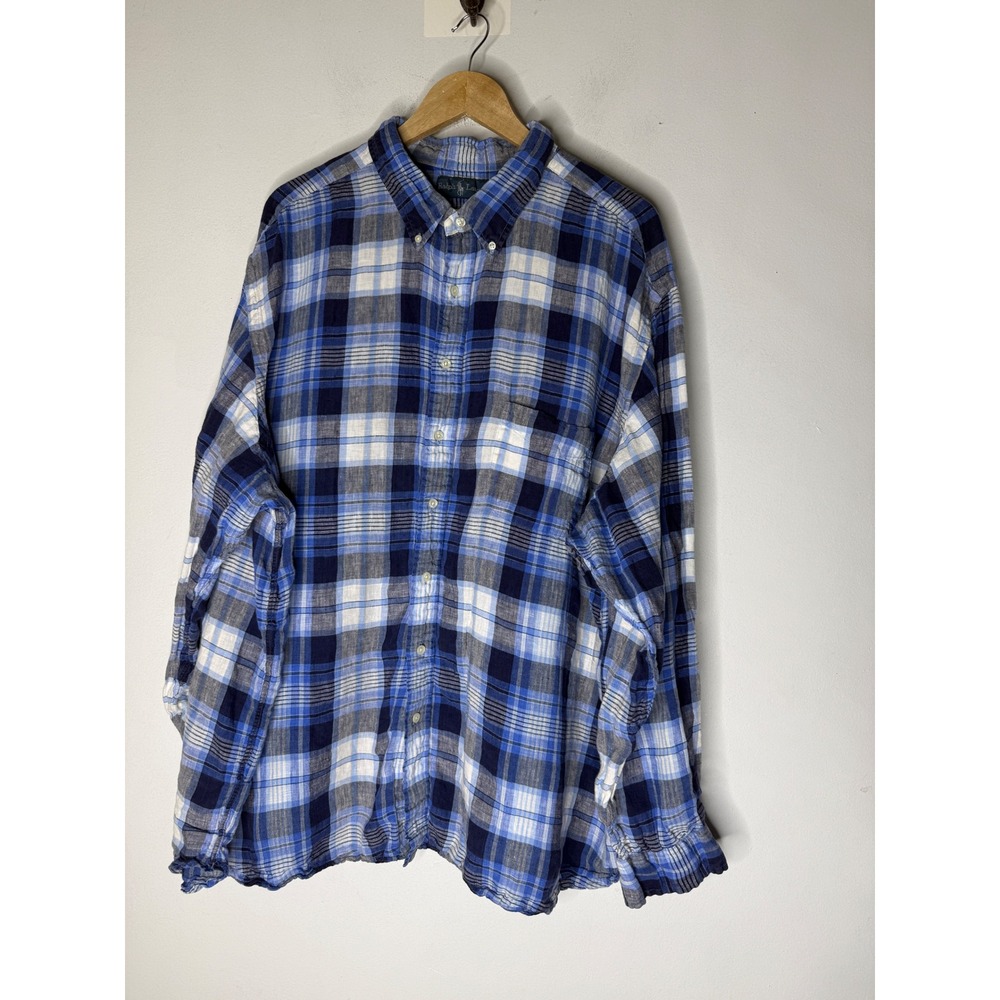 Ralph Lauren Mens 4XB Plaid Button Down Shirt Blue White Long Sleeve linen
